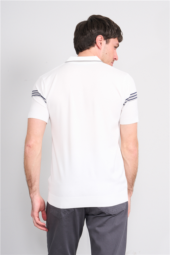 C.K Y26 805 Beyaz Erkek Triko Fermuarlı Çizgi Detaylı Polo Yaka Tişört M-Xxl