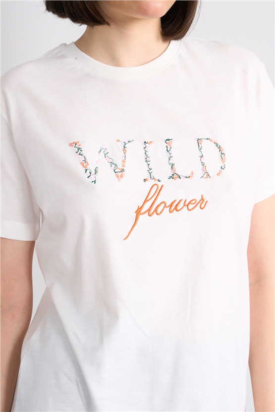 C.K Y26 8893 Fithit Kadın Bisiklet Yaka Regular Nakışlı T-shirt Krem