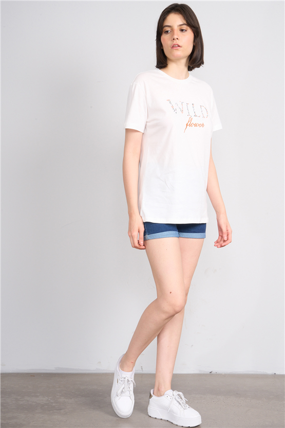 C.K Y26 8893 Fithit Kadın Bisiklet Yaka Regular Nakışlı T-shirt Krem