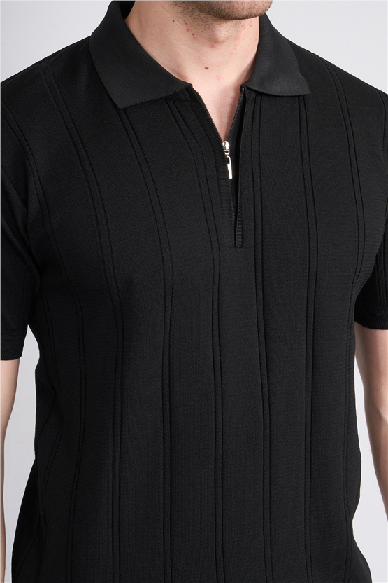 C.K Y26 812 Siyah Erkek Triko Fermmuarlı Şeritli Polo Yaka Tişört M-Xxl