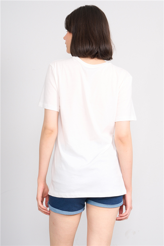 C.K Y26 8946 Fithit Kadın Bisiklet Yaka Regular Nakışlı T-shirt Krem