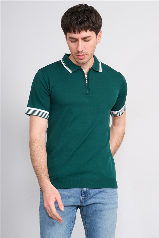 C.K Y26 815 Zümrüt Erkek Triko Fermmuarlı Şeritli Polo Yaka Tişört M-Xxl