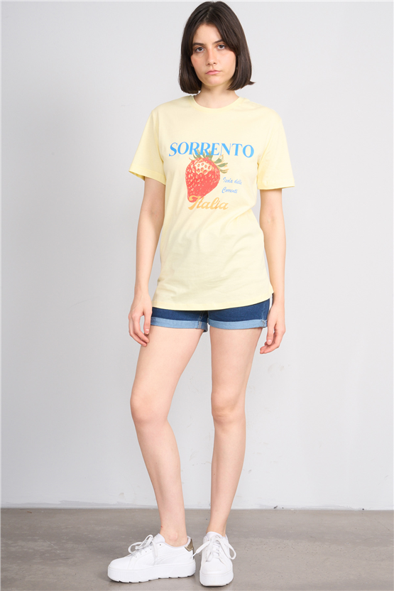 C.K Y26 8893 Fithit Kadın Bisiklet Yaka Regular Nakışlı T-shirt Uçuk Sarı