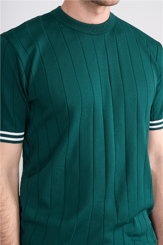 C.K Y26 828 Zümrüt Erkek Triko Bisiklet Yaka Nakış Detaylı Şeritli Tişört M-Xxl