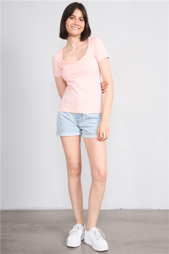 C.K Y26 8038 Pachie Byn U Yaka Basic T-shirt Pudra