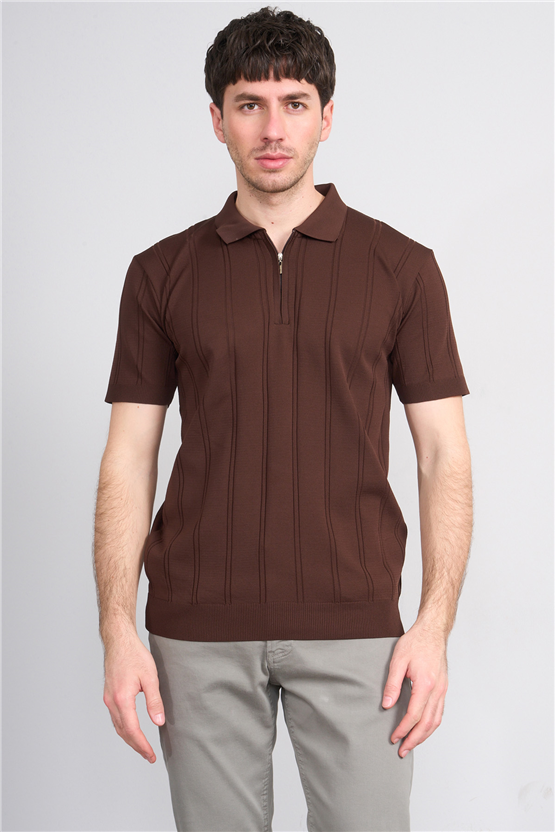 C.K Y26 812 Kahverengi Erkek Triko Fermmuarlı Şeritli Polo Yaka Tişört M-Xxl
