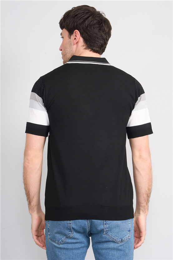 C.K Y26 811 Siyah Erkek Triko Fermuarlı Polo Yaka Çizgilı Tişört M-Xxl