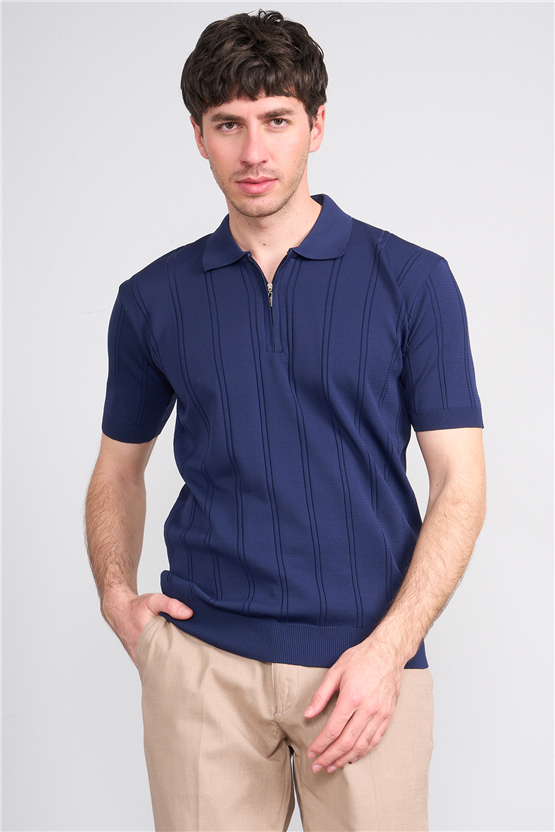 C.K Y26 812 Lacivert Erkek Triko Fermmuarlı Şeritli Polo Yaka Tişört M-Xxl