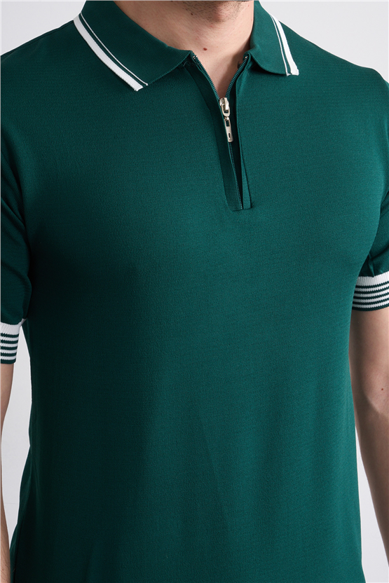 C.K Y26 815 Zümrüt Erkek Triko Fermmuarlı Şeritli Polo Yaka Tişört M-Xxl