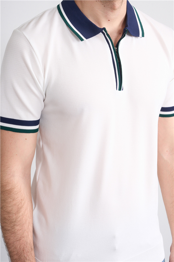 C.K Y26 803 Beyaz Erkek Triko Fermuarlı Polo Yaka Tişört M-Xxl