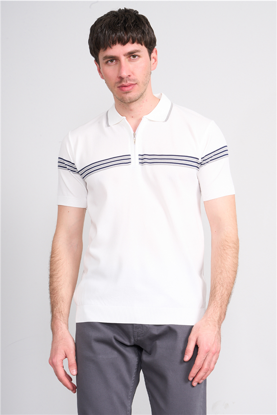 C.K Y26 805 Beyaz Erkek Triko Fermuarlı Çizgi Detaylı Polo Yaka Tişört M-Xxl