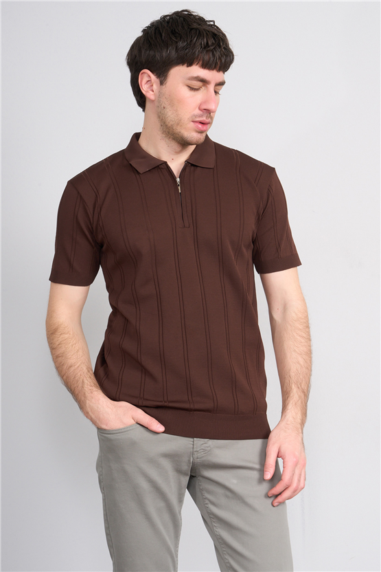 C.K Y26 812 Kahverengi Erkek Triko Fermmuarlı Şeritli Polo Yaka Tişört M-Xxl