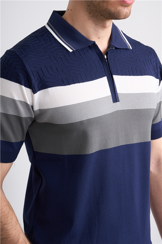 C.K Y26 811 Lacivert Erkek Triko Fermuarlı Polo Yaka Çizgilı Tişört M-Xxl