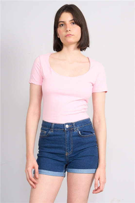 C.K Y26 8038 Pachie Byn U Yaka Basic T-shirt Pembe