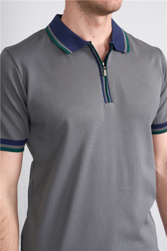 C.K Y26 803 Gri Erkek Triko Fermuarlı Polo Yaka Tişört M-Xxl