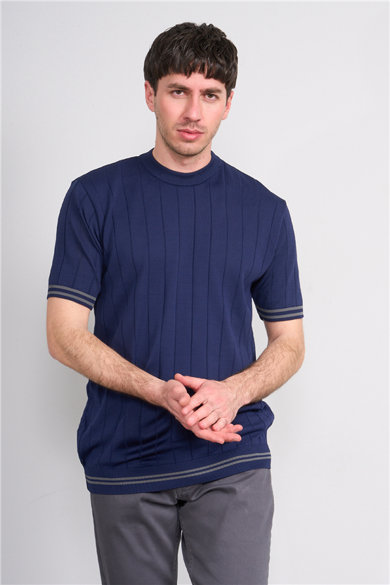 C.K Y26 828 Lacivert Erkek Triko Bisiklet Yaka Nakış Detaylı Şeritli Tişört M-Xxl