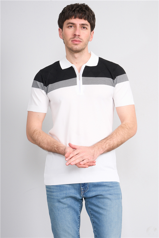 C.K Y26 802 Beyaz Erkek Triko Fermuarlı Desenli Polo Yaka Tişört M-Xxl