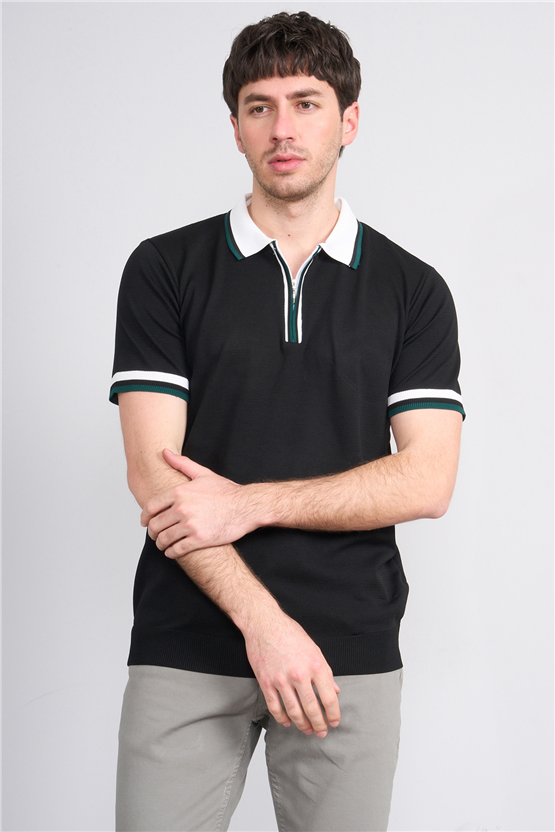 C.K Y26 803 Siyah Erkek Triko Fermuarlı Polo Yaka Tişört M-Xxl