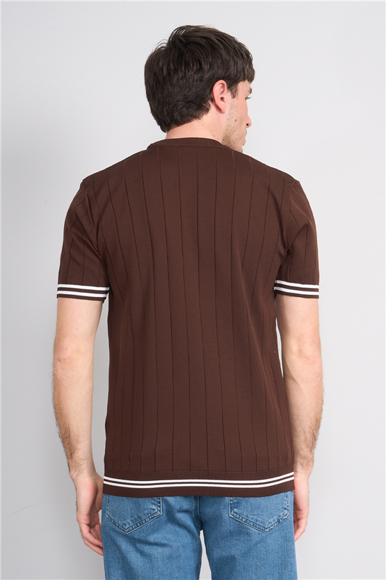 C.K Y26 828 Kahverengi Erkek Triko Bisiklet Yaka Nakış Detaylı Şeritli Tişört M-Xxl