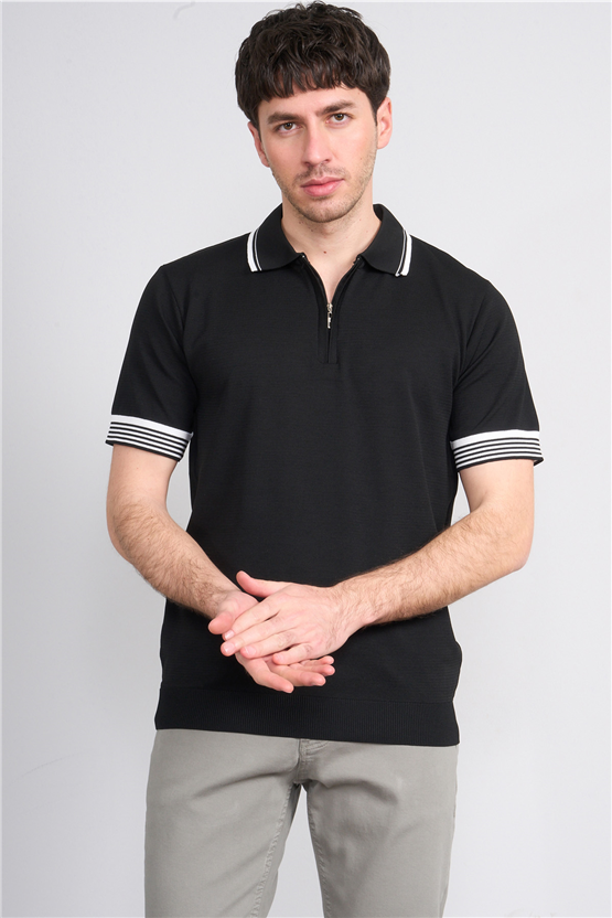 C.K Y26 815 Siyah Erkek Triko Fermmuarlı Şeritli Polo Yaka Tişört M-Xxl