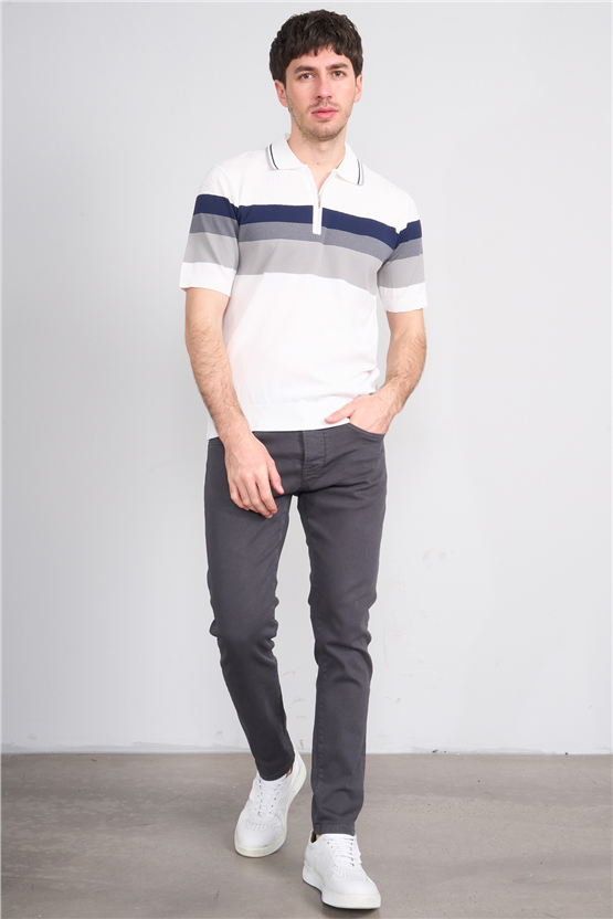 C.K Y26 811 Beyaz Erkek Triko Fermuarlı Polo Yaka Çizgilı Tişört M-Xxl