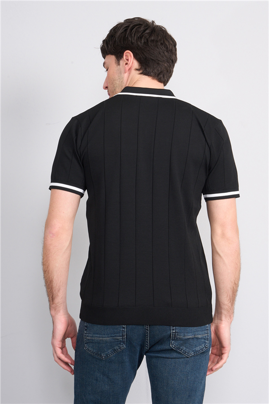 C.K Y26 829 Lacivert Erkek Triko Fermuarlı Şeritli Polo Yaka Tişört M-Xxl