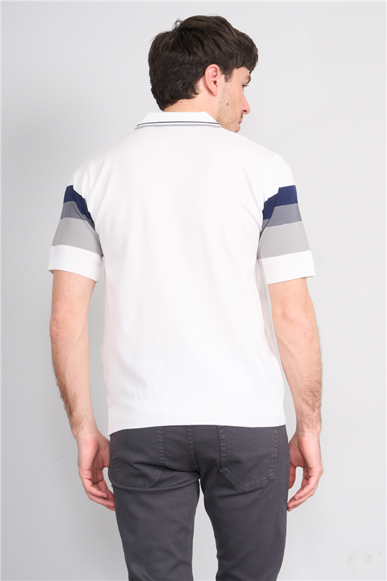 C.K Y26 811 Beyaz Erkek Triko Fermuarlı Polo Yaka Çizgilı Tişört M-Xxl