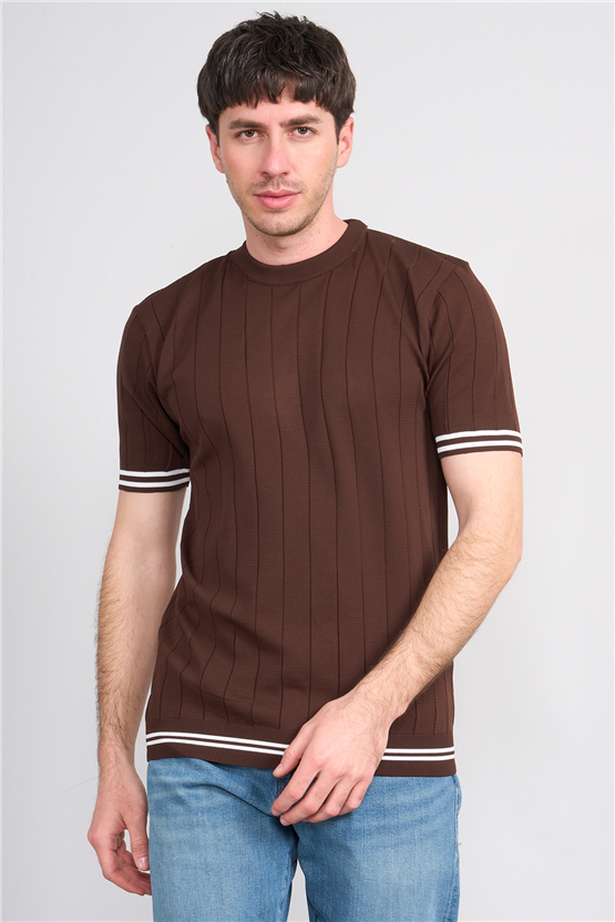 C.K Y26 828 Kahverengi Erkek Triko Bisiklet Yaka Nakış Detaylı Şeritli Tişört M-Xxl