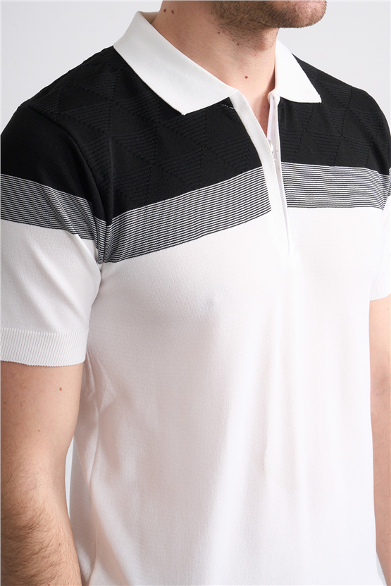 C.K Y26 802 Beyaz Erkek Triko Fermuarlı Desenli Polo Yaka Tişört M-Xxl