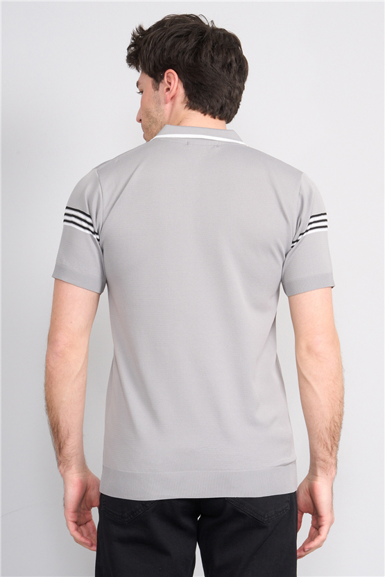 C.K Y26 805 Gri Erkek Triko Fermuarlı Çizgi Detaylı Polo Yaka Tişört M-Xxl
