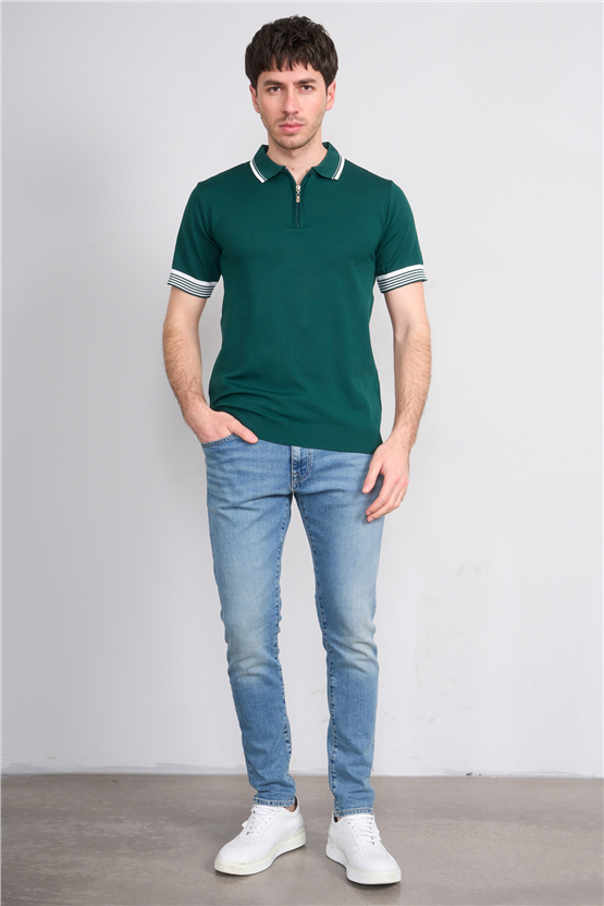 C.K Y26 815 Zümrüt Erkek Triko Fermmuarlı Şeritli Polo Yaka Tişört M-Xxl