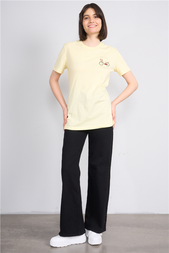 C.K Y26 8946 Fithit Kadın Bisiklet Yaka Regular Nakışlı T-shirt Uçuk Sarı