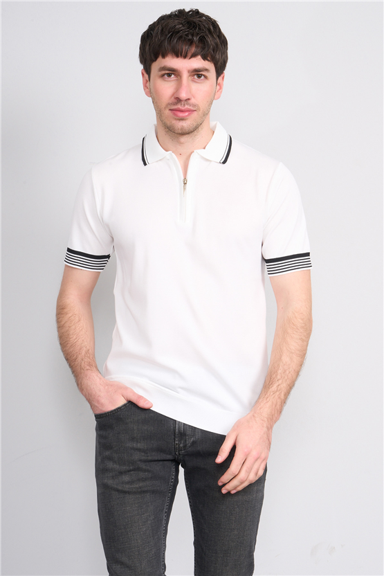 C.K Y26 815 Beyaz Erkek Triko Fermmuarlı Şeritli Polo Yaka Tişört M-Xxl