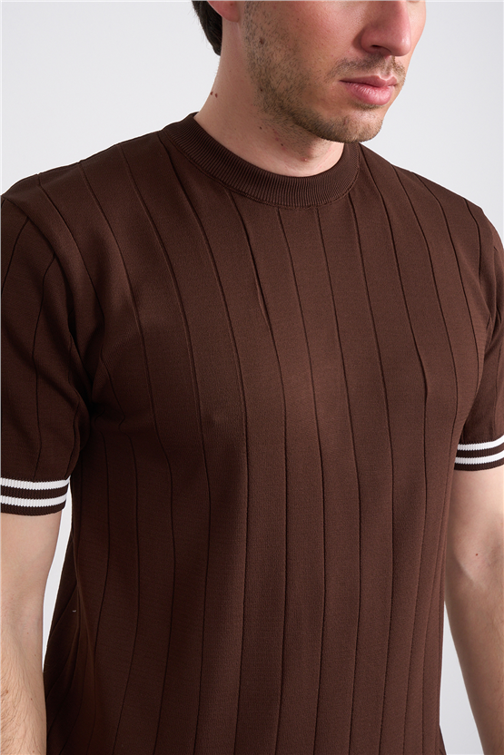 C.K Y26 828 Kahverengi Erkek Triko Bisiklet Yaka Nakış Detaylı Şeritli Tişört M-Xxl