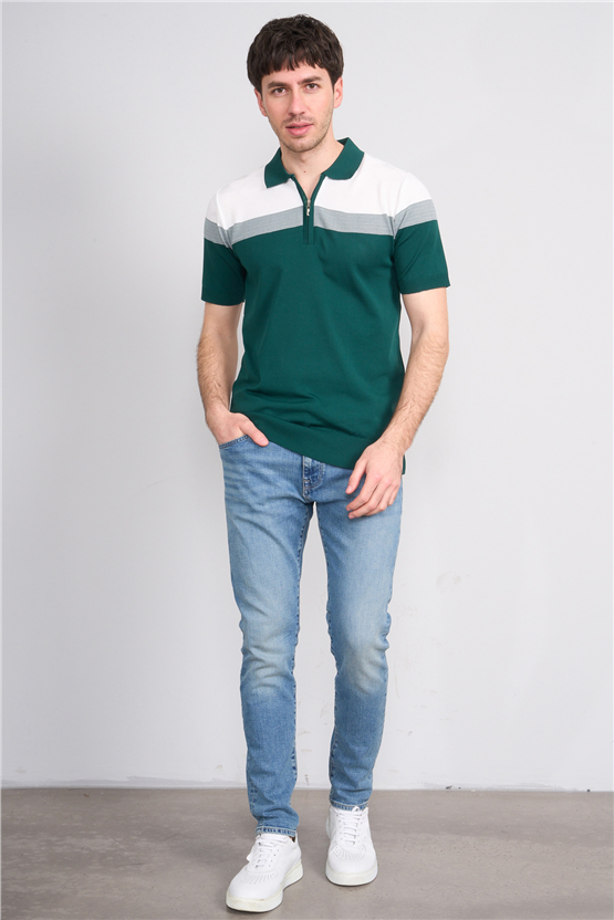 C.K Y26 802 Zümrüt Erkek Triko Fermuarlı Desenli Polo Yaka Tişört M-Xxl