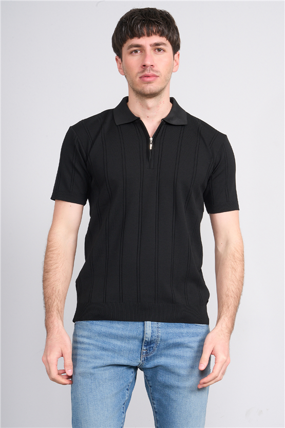 C.K Y26 812 Siyah Erkek Triko Fermmuarlı Şeritli Polo Yaka Tişört M-Xxl