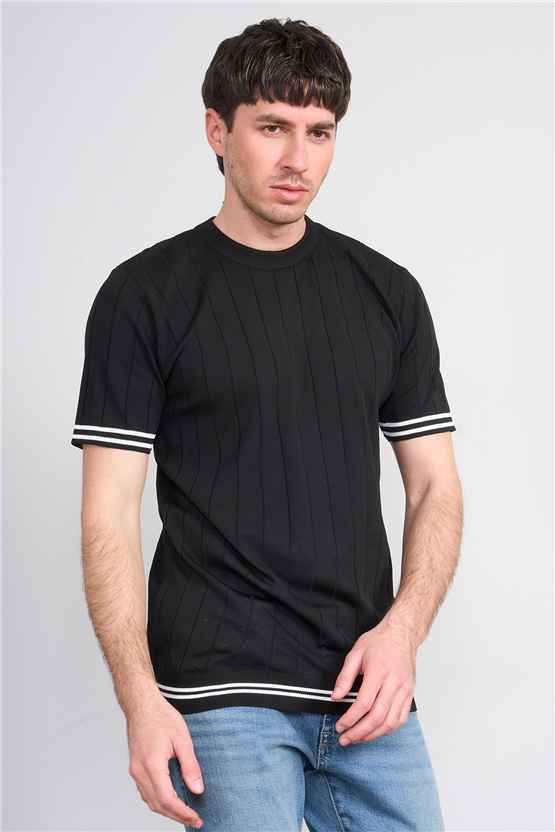 C.K Y26 828 Siyah Erkek Triko Bisiklet Yaka Nakış Detaylı Şeritli Tişört M-Xxl