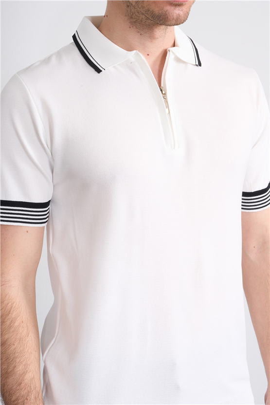 C.K Y26 815 Beyaz Erkek Triko Fermmuarlı Şeritli Polo Yaka Tişört M-Xxl