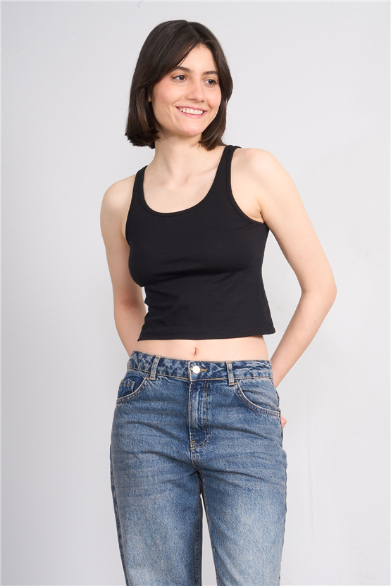 C.K Y26 8282 Fithit Byn Askılı Penye Crop Atlet Siyah