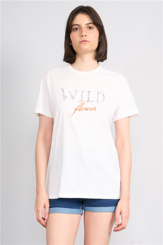 C.K Y26 8893 Fithit Kadın Bisiklet Yaka Regular Nakışlı T-shirt Krem