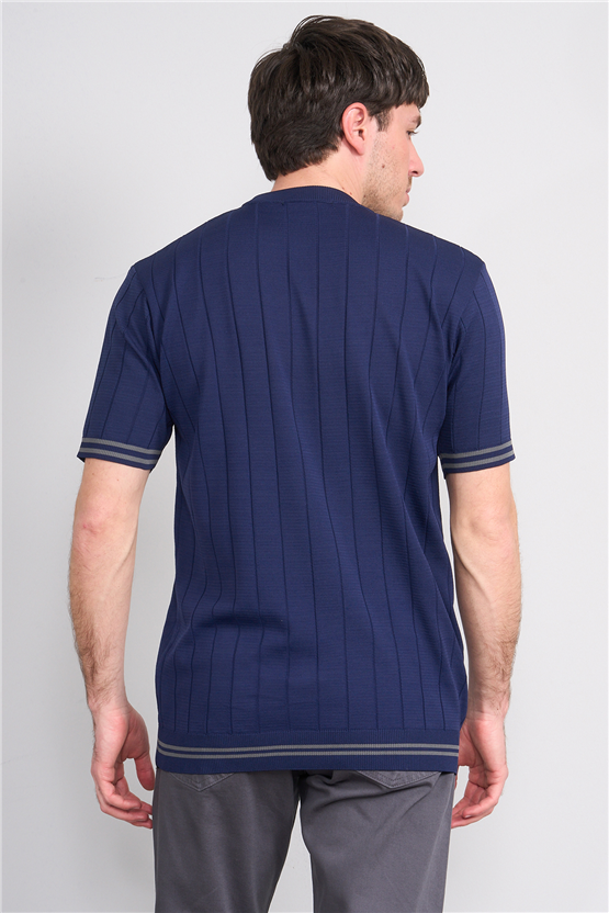 C.K Y26 828 Lacivert Erkek Triko Bisiklet Yaka Nakış Detaylı Şeritli Tişört M-Xxl