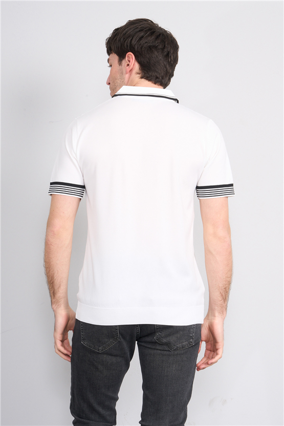 C.K Y26 815 Beyaz Erkek Triko Fermmuarlı Şeritli Polo Yaka Tişört M-Xxl