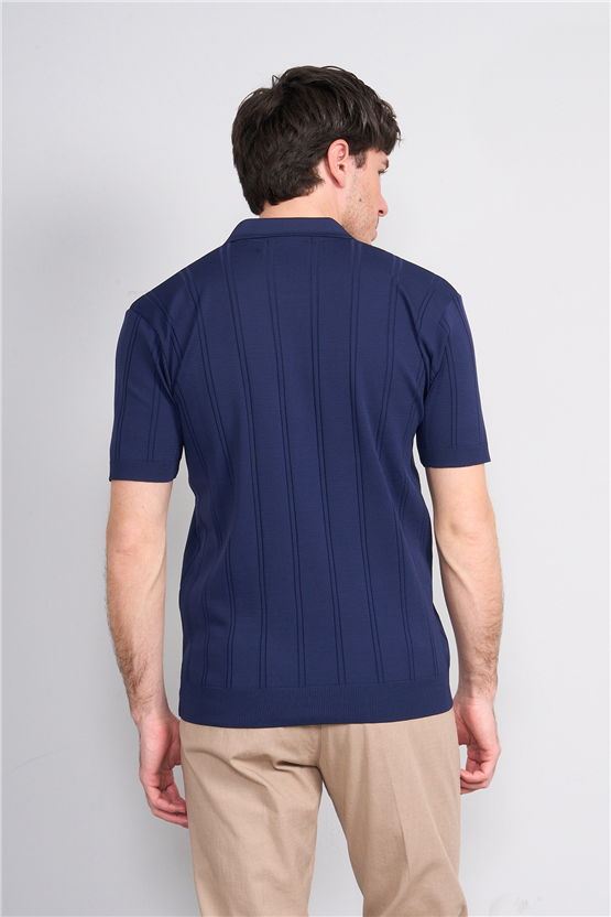 C.K Y26 812 Lacivert Erkek Triko Fermmuarlı Şeritli Polo Yaka Tişört M-Xxl