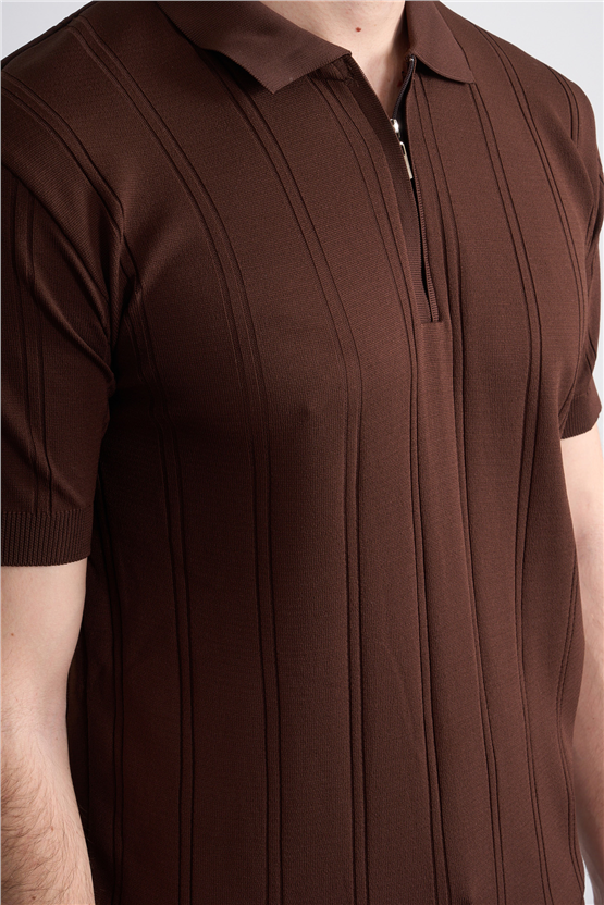 C.K Y26 812 Kahverengi Erkek Triko Fermmuarlı Şeritli Polo Yaka Tişört M-Xxl