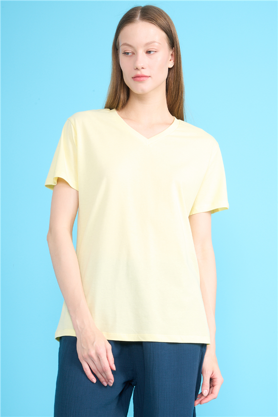 C.K Y26 3265 Fithit Byn V Yk. 30/1 Penye Basic Regular T-shirt Uçuk Sarı