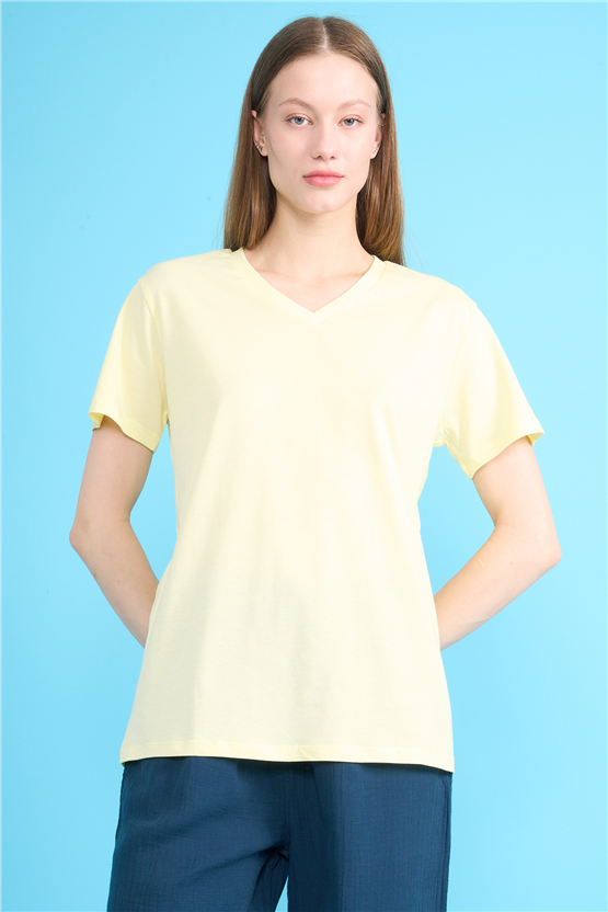 C.K Y26 3265 Fithit Byn V Yk. 30/1 Penye Basic Regular T-shirt Uçuk Sarı