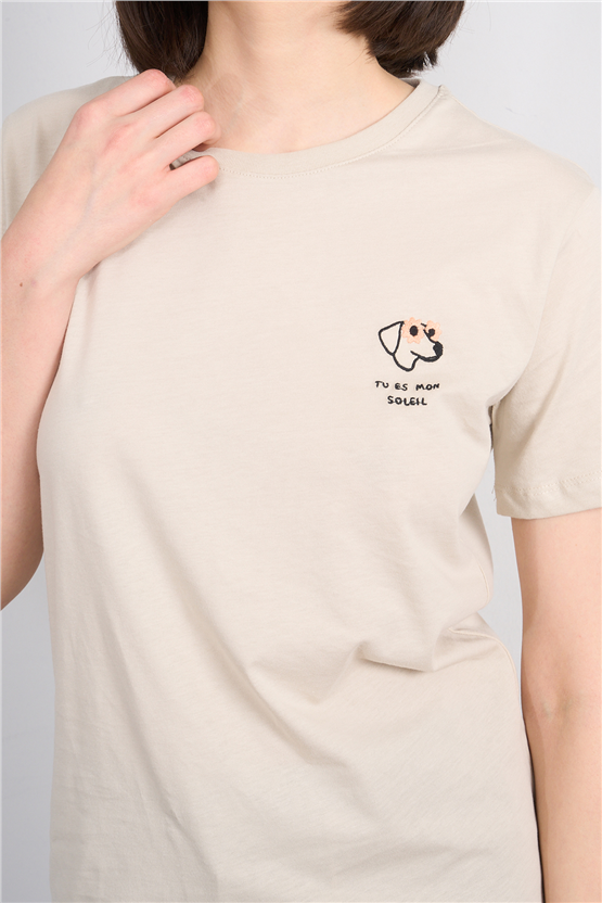 C.K Y26 8790 Fithit Byn B.Yk Regular Nakışlı T-shirt Vizon