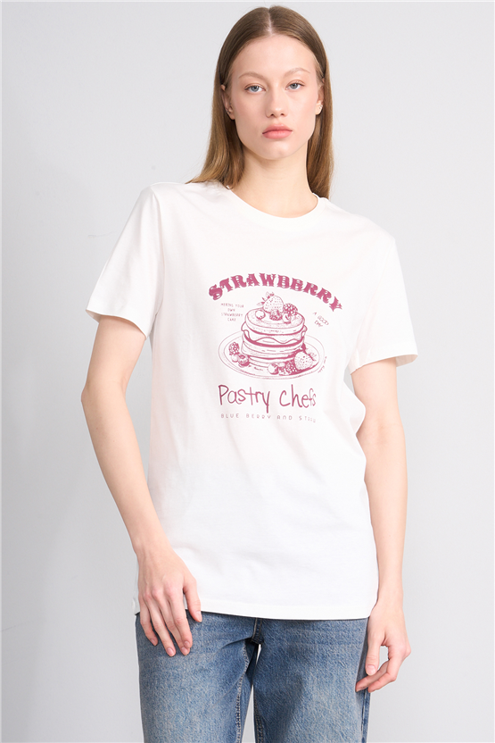 C.K Y26 8841 Fithit Byn B.Yk Regular Baskılı T-shirt Krem