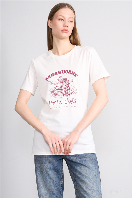C.K Y26 8841 Fithit Byn B.Yk Regular Baskılı T-shirt Krem