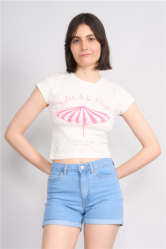 C.K Y26 8872 Fithit Byn B.Yk Penye Baskılı Crop T-shirt Krem